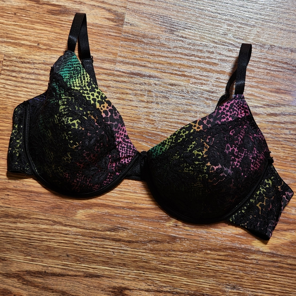 Multicolor Rainbow Animal Print Bra With Black Lace Women's Size 38C